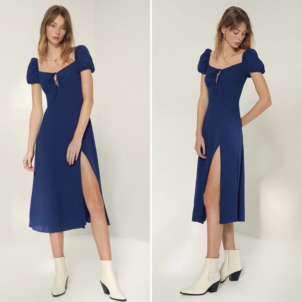 Aritzia Wilfred Pandora Puff Sleeve Midi Dress High Slit Navy Blue Size 6